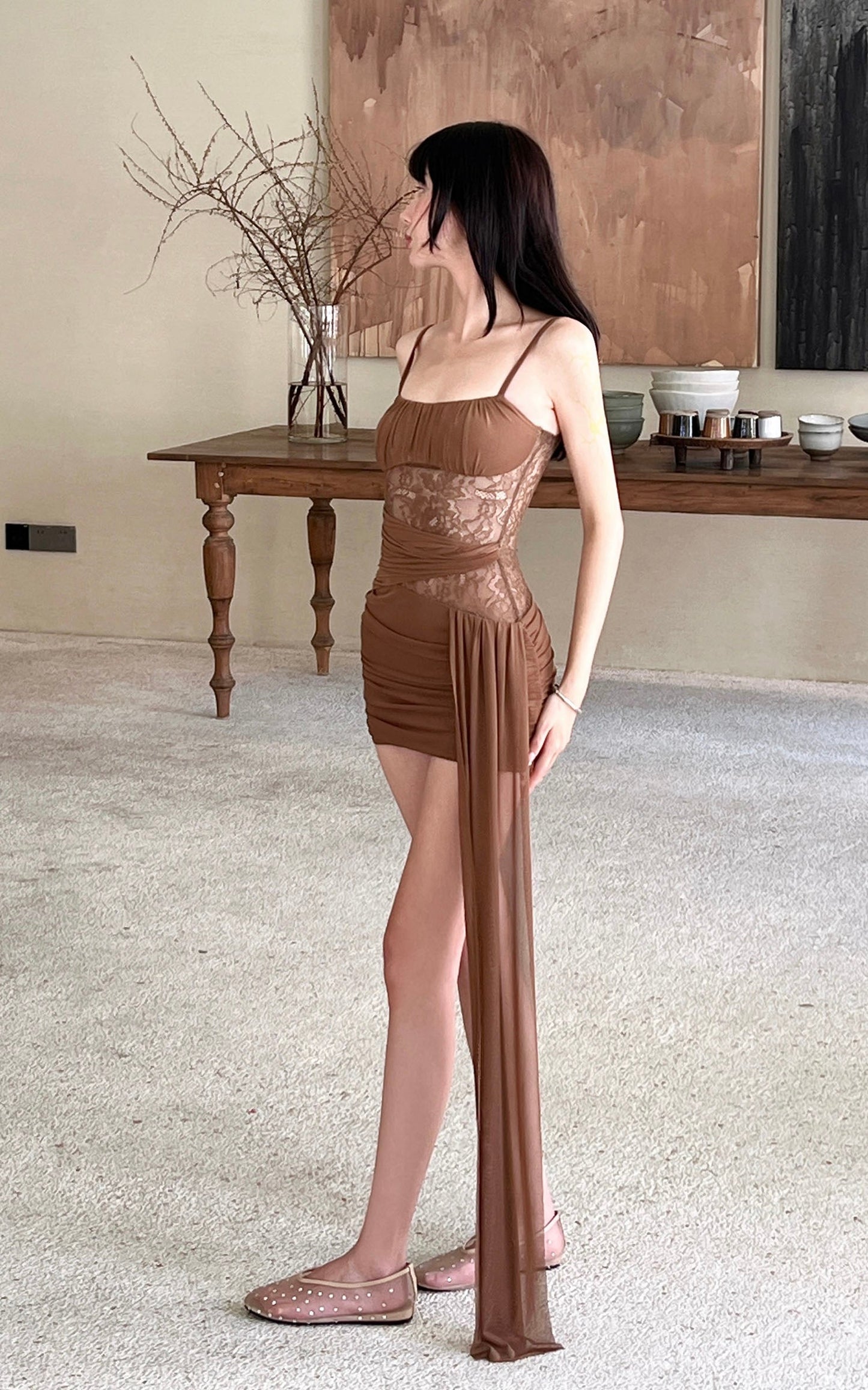 Mesh Draped Lace Mini Dress