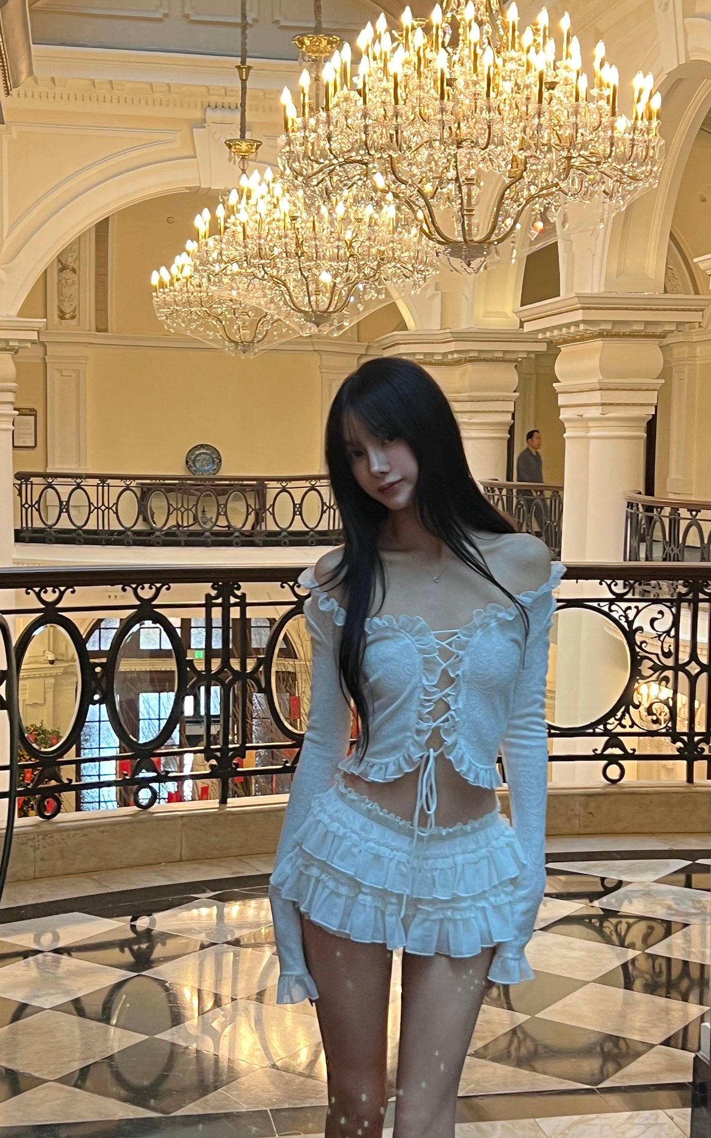 Rosette Lace-Up Cardigan & Ruffle Mini Skirt Set