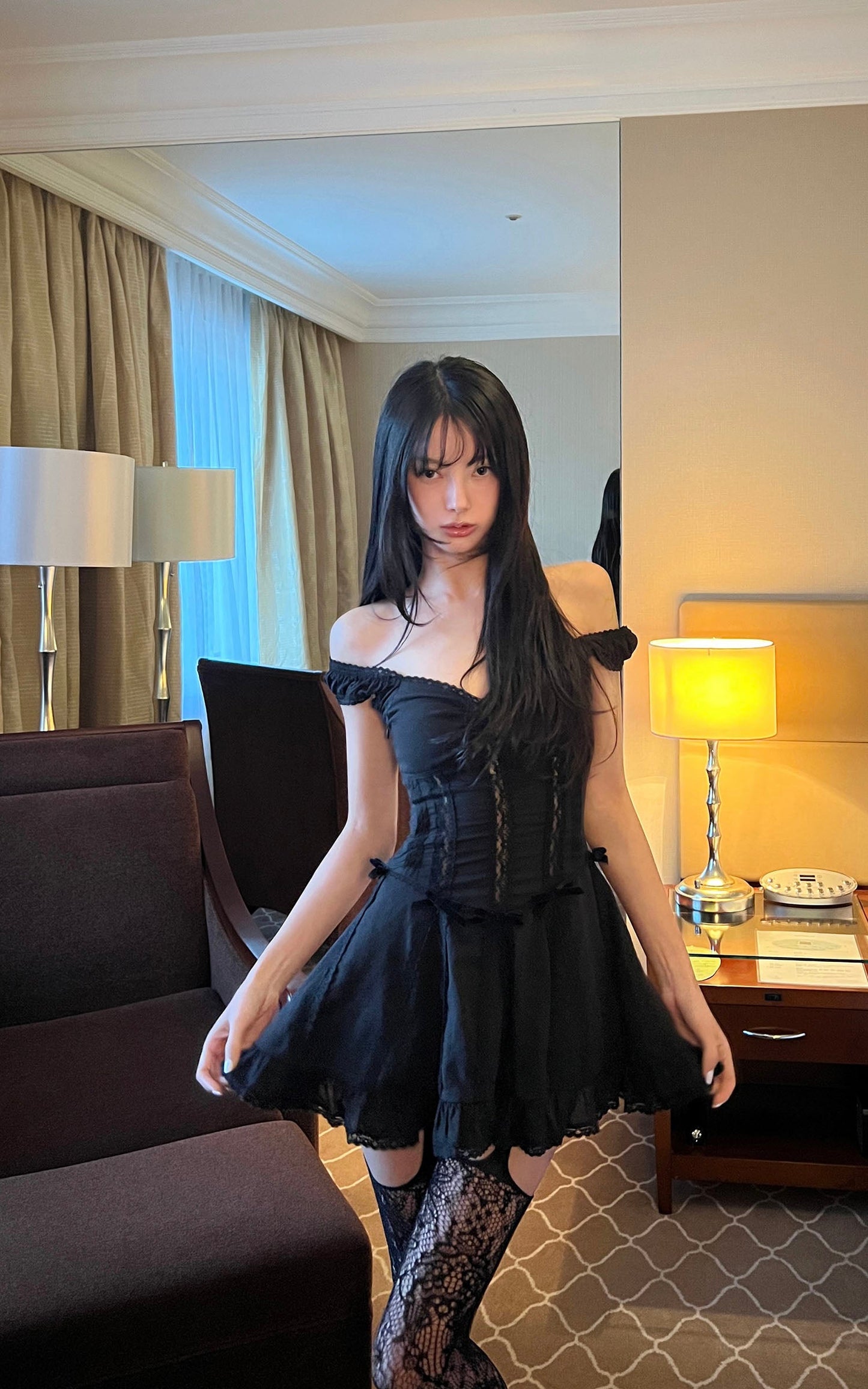 Velvet Bow Lace Mini Dress
