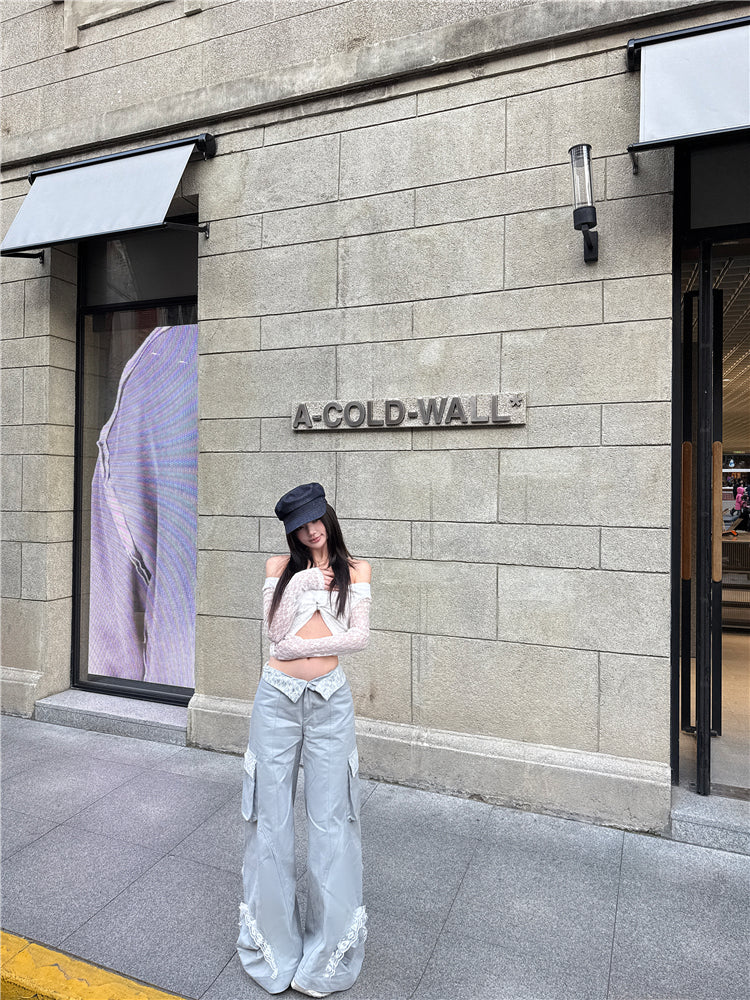 White Lace Trim Pants
