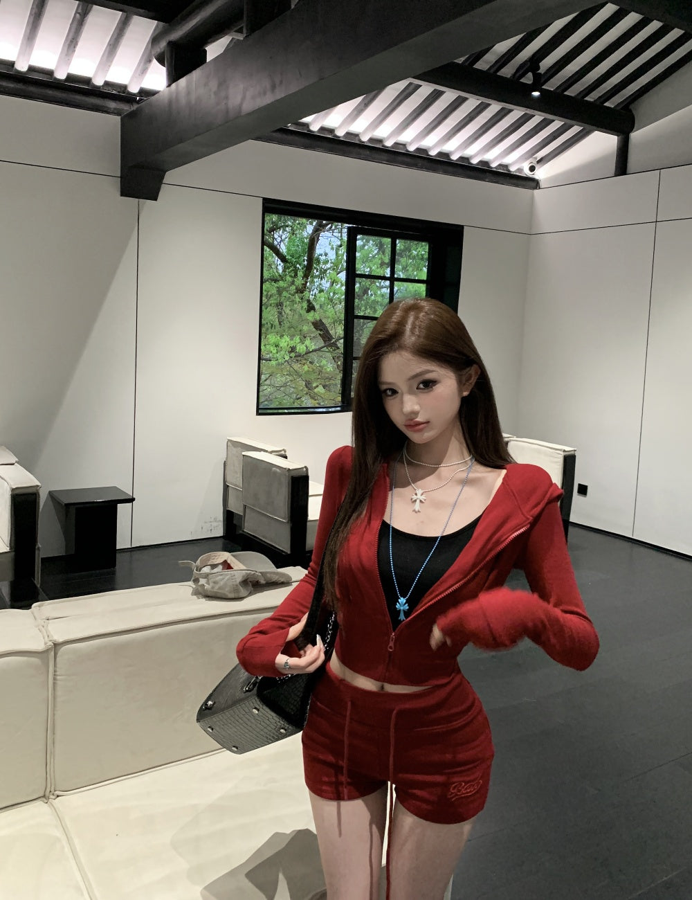 Red Hooded Jacket & Shorts Set