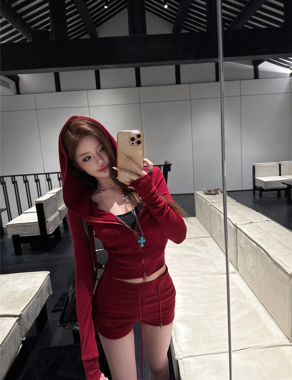Red Hooded Jacket & Shorts Set