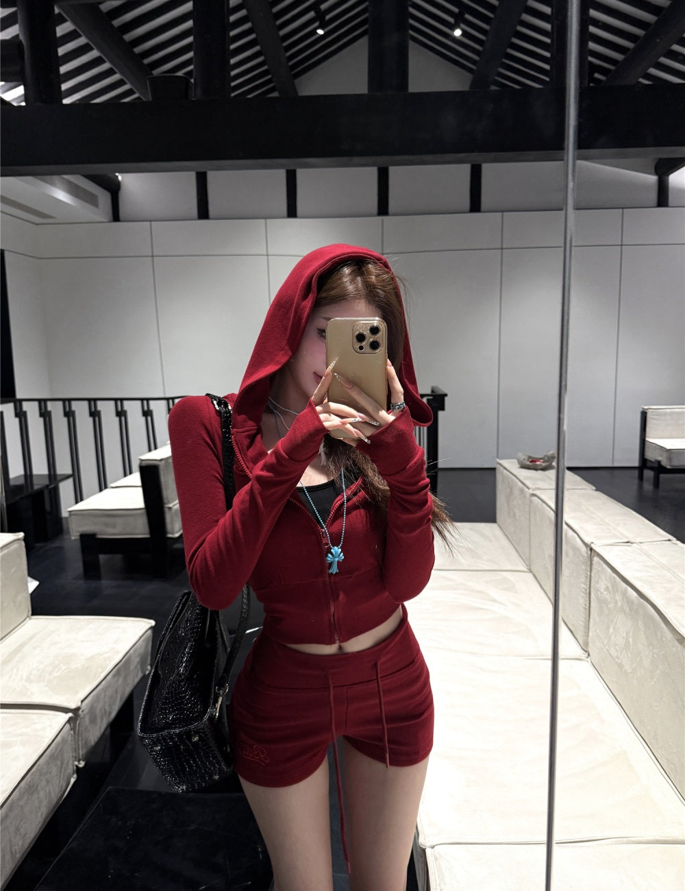 Red Hooded Jacket & Shorts Set