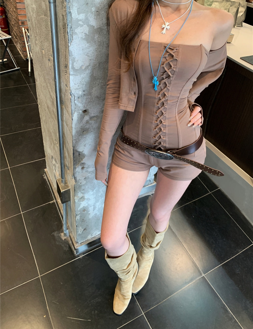 Brown Corset Shorts & Cardigan Set
