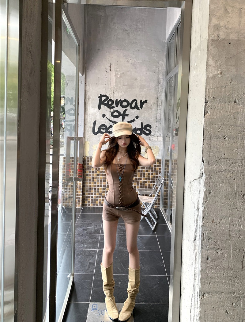 Brown Corset Shorts & Cardigan Set