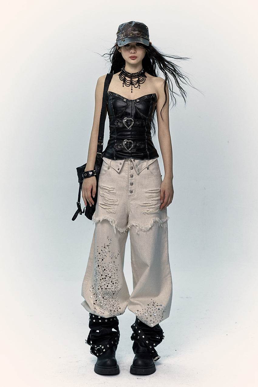 Wide-Leg Rhinestone Jeans - My Store
