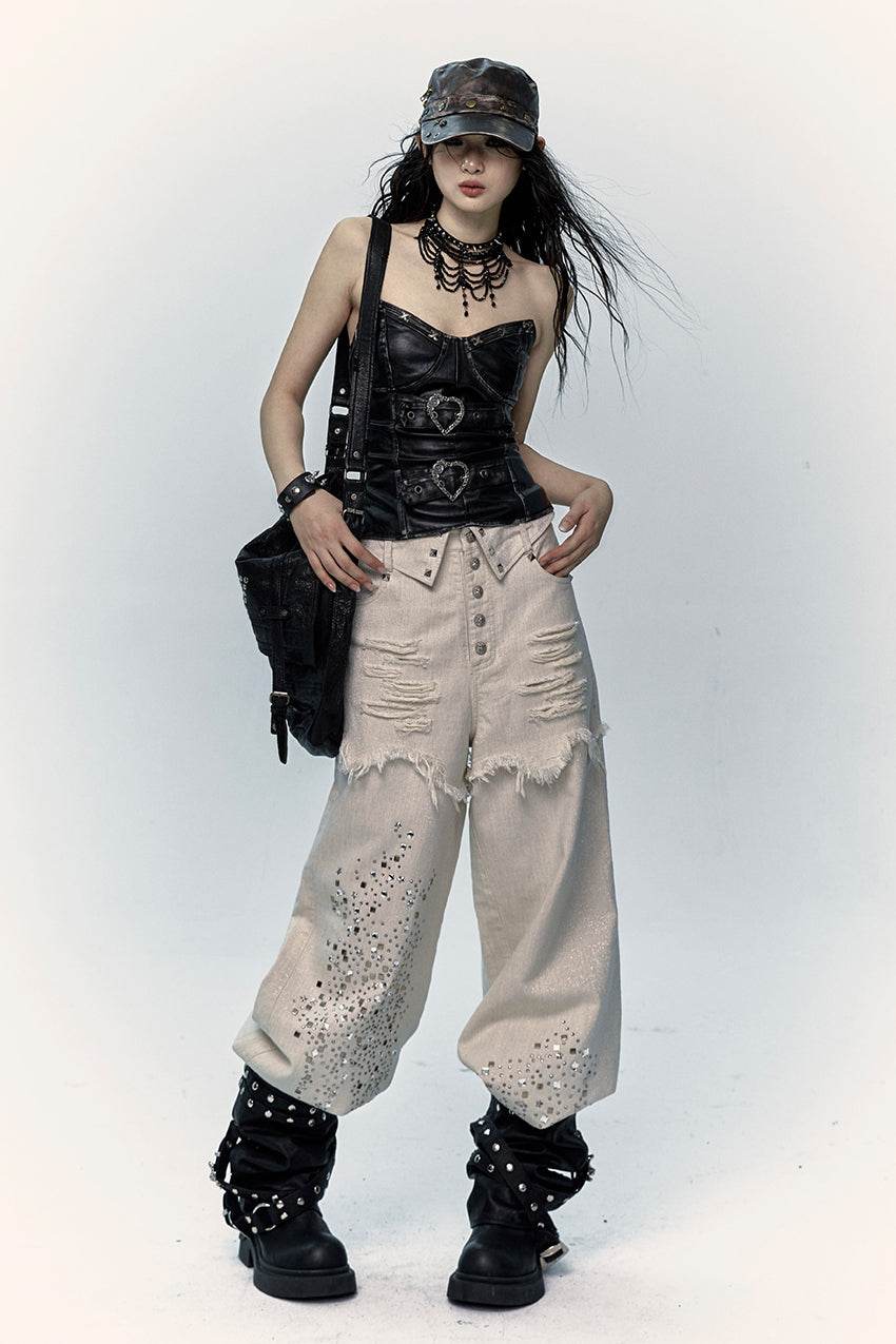 Wide-Leg Rhinestone Jeans - My Store