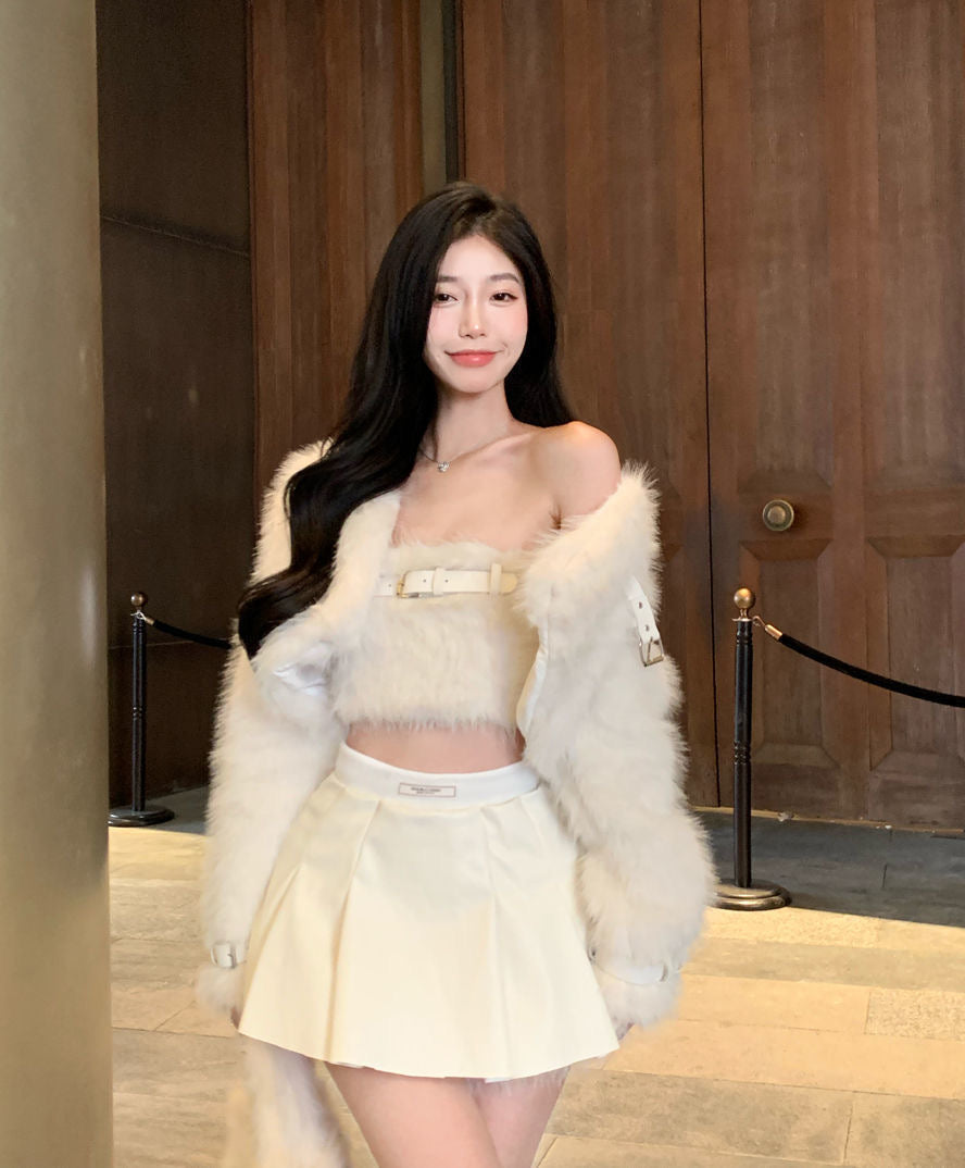 Fur Belt Top & Skirt Jacket Set