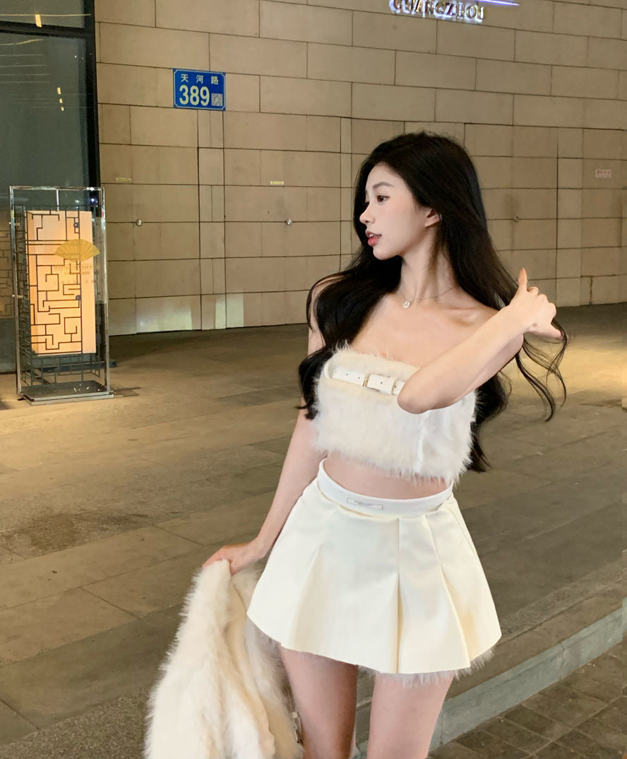 Fur Belt Top & Skirt Jacket Set
