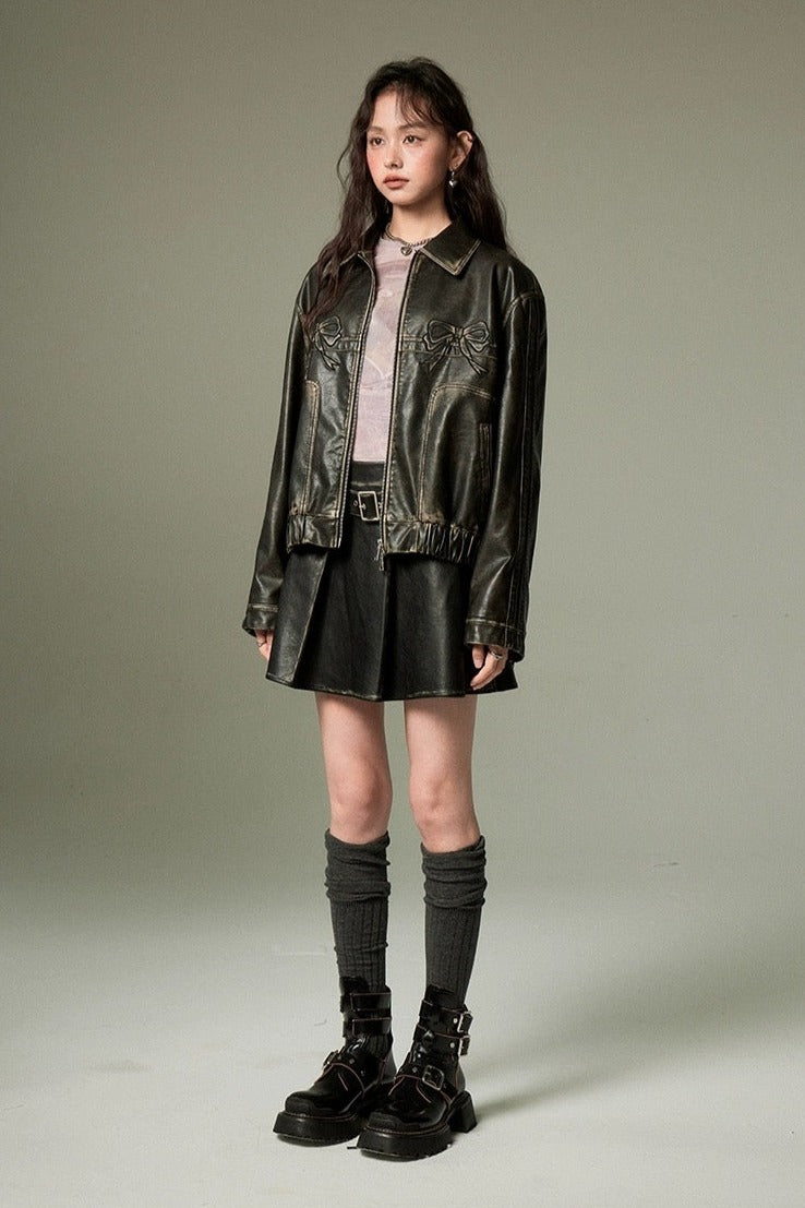 Vintage Bow Leather Zipper Jacket