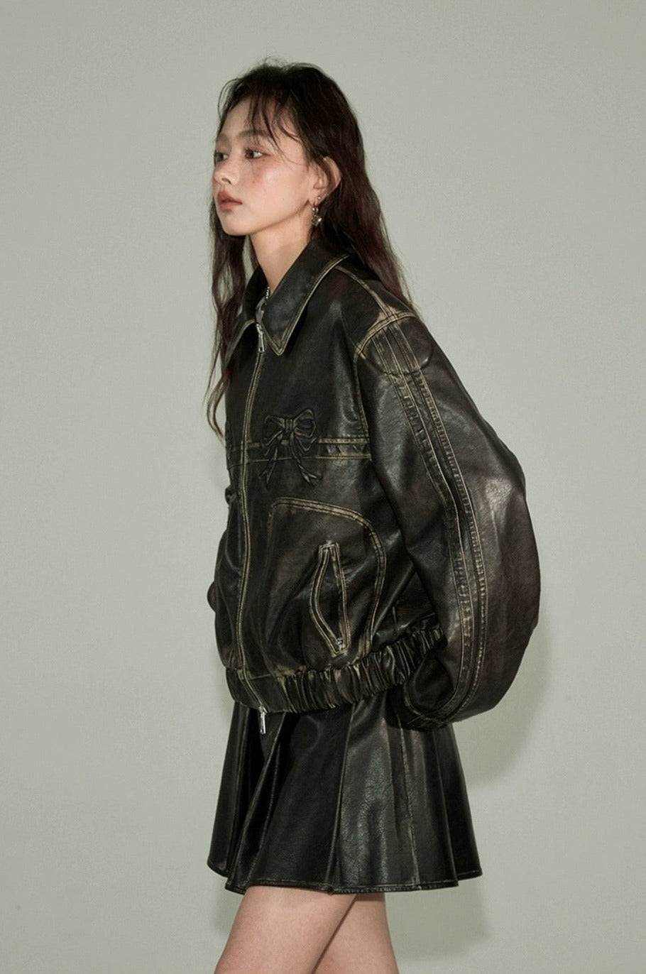 Vintage Bow Leather Zipper Jacket