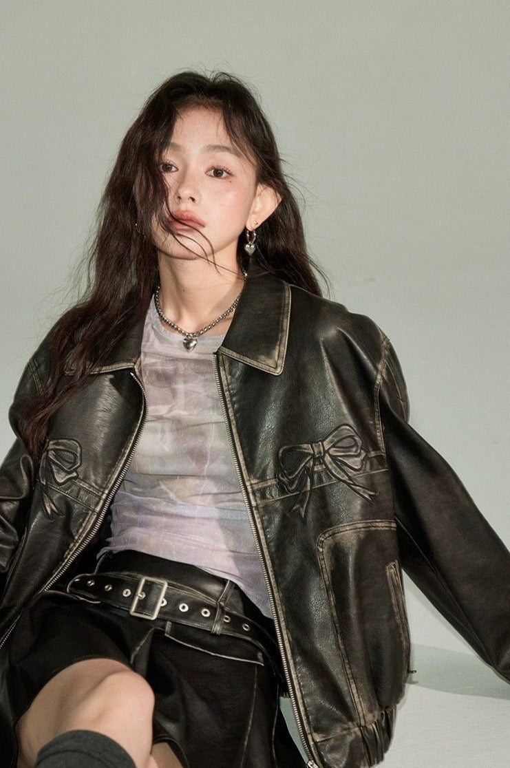 Vintage Bow Leather Zipper Jacket
