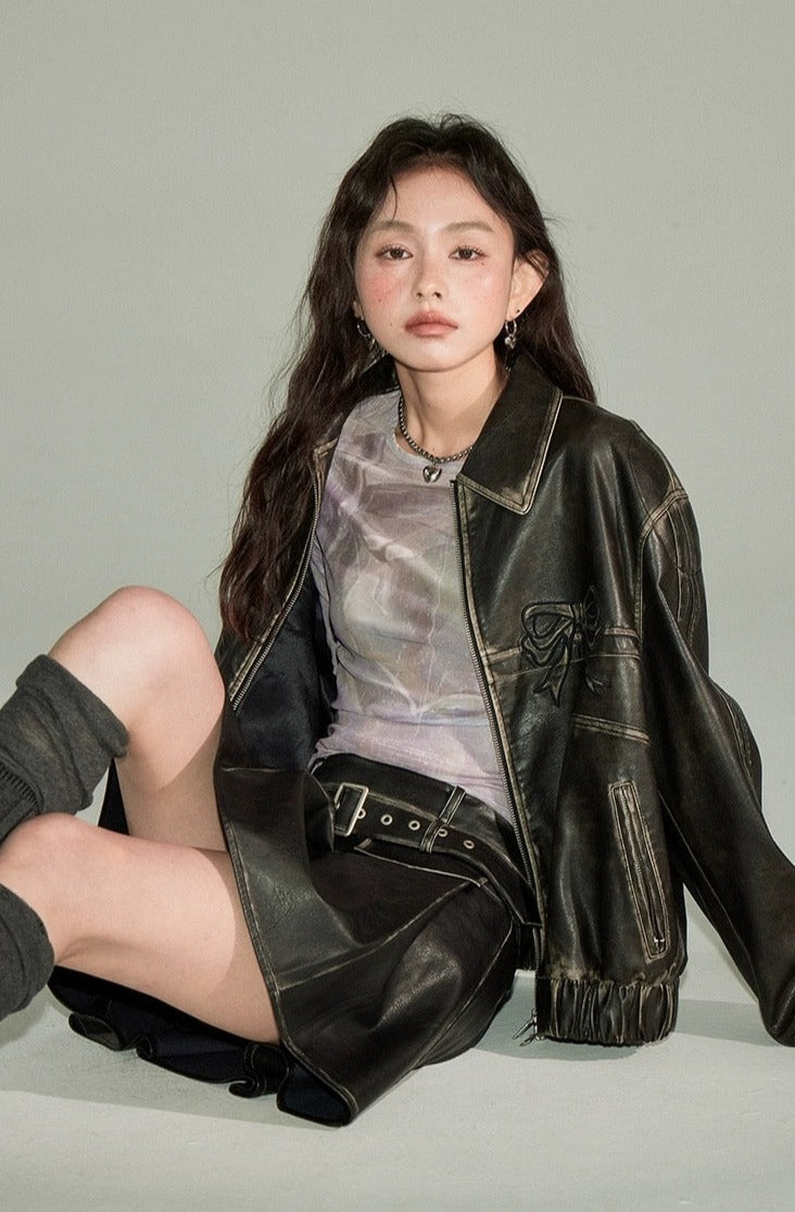 Vintage Bow Leather Zipper Jacket