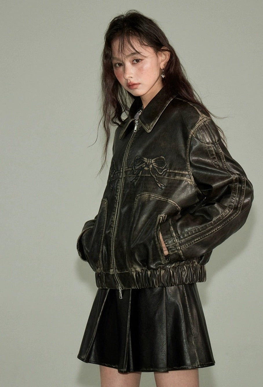 Vintage Bow Leather Zipper Jacket