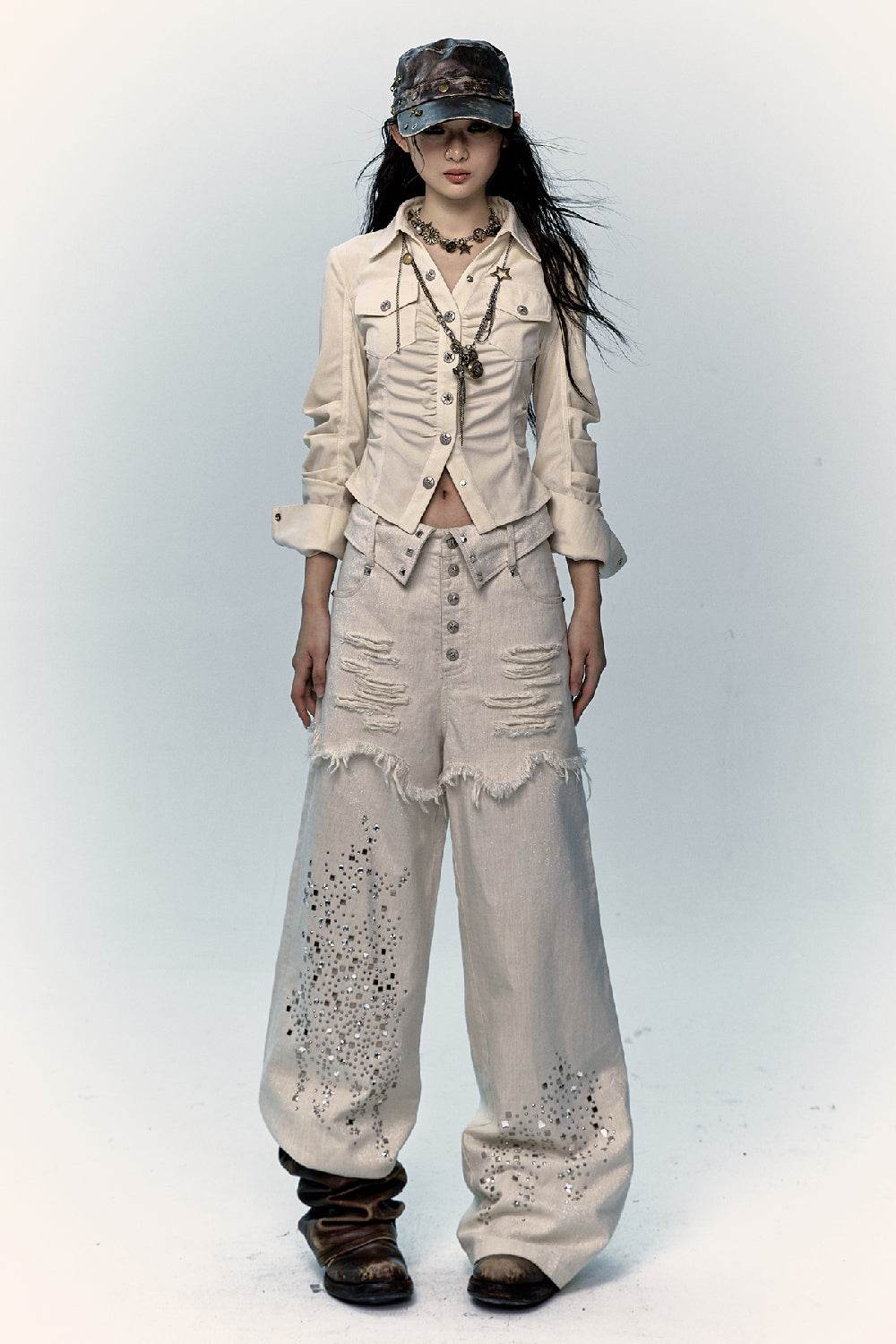 Wide-Leg Rhinestone Jeans - My Store