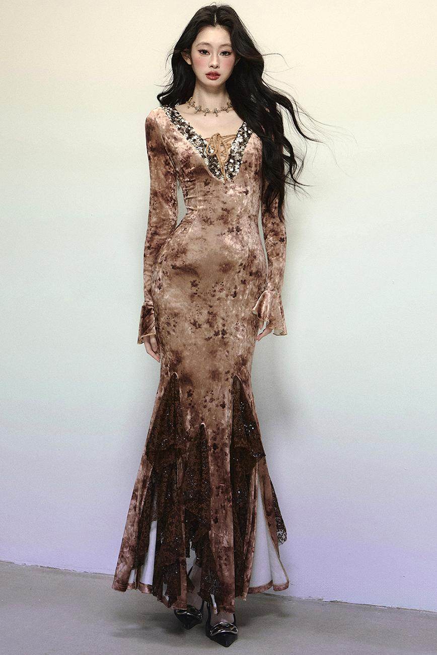 Deep V Mermaid Lace Dress - My Store