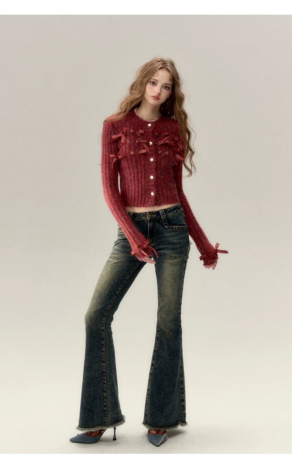 Dark Blue Denim Bow Wide-Leg Pants