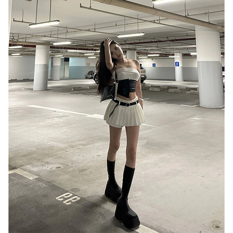 Belt Pleated Shorts Skirt