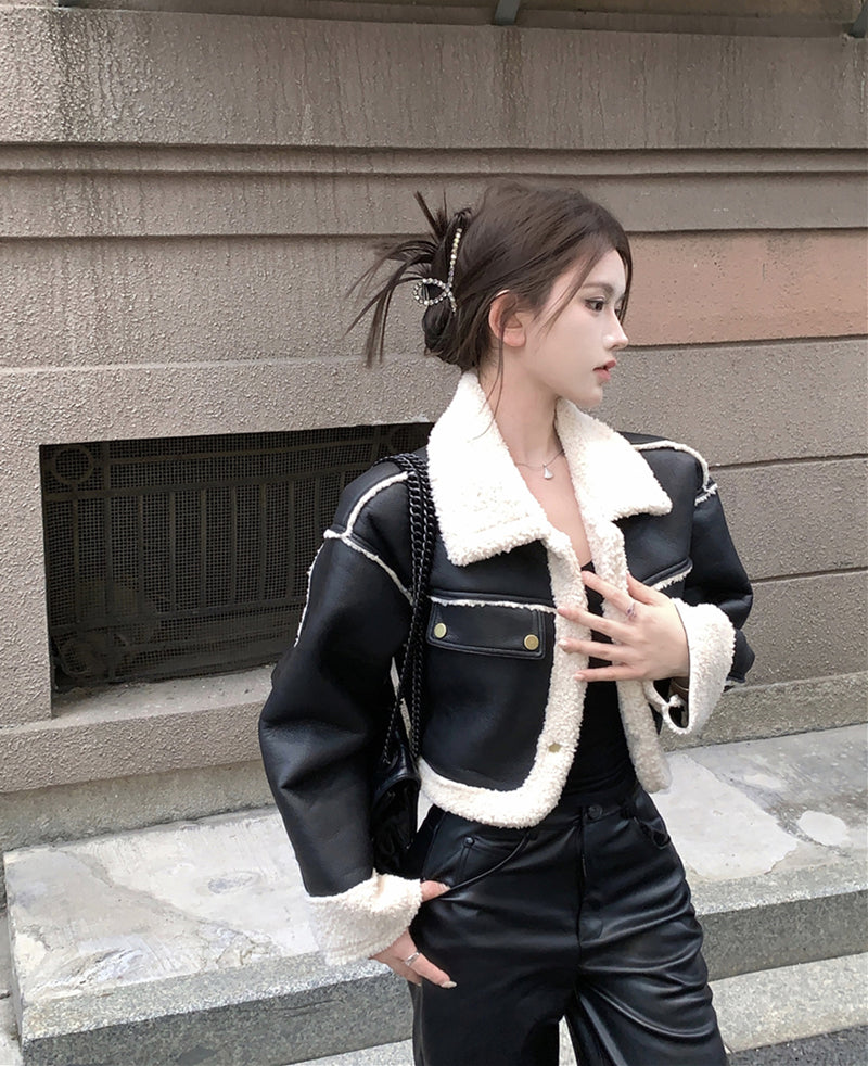 Contrast Cropped Leather Jacket