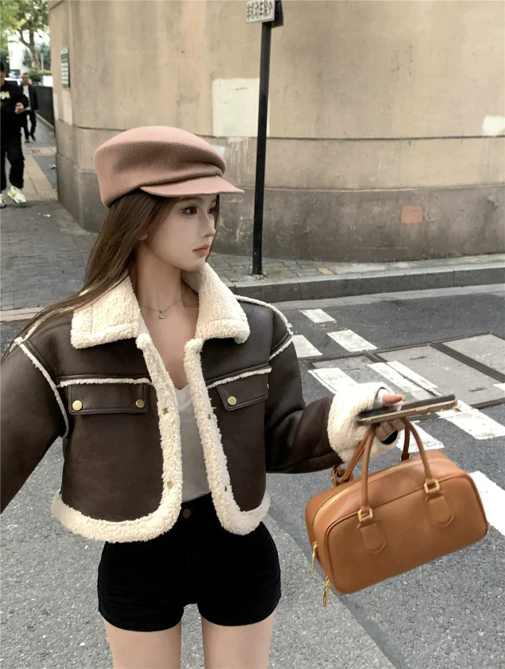 Contrast Cropped Leather Jacket