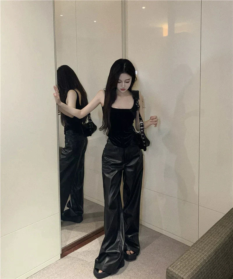 Velvet Top & Leather Pants Set