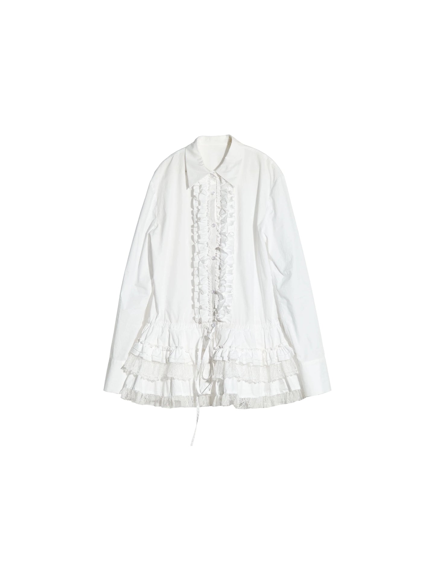 White Lace Tie-Waist Long Sleeve Blouse Top