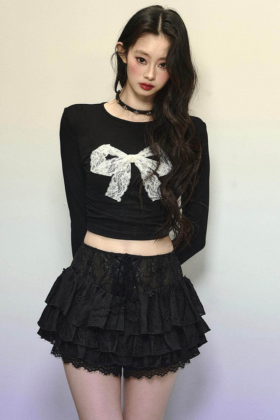 Bow Detail Lace Long Sleeve Top - My Store