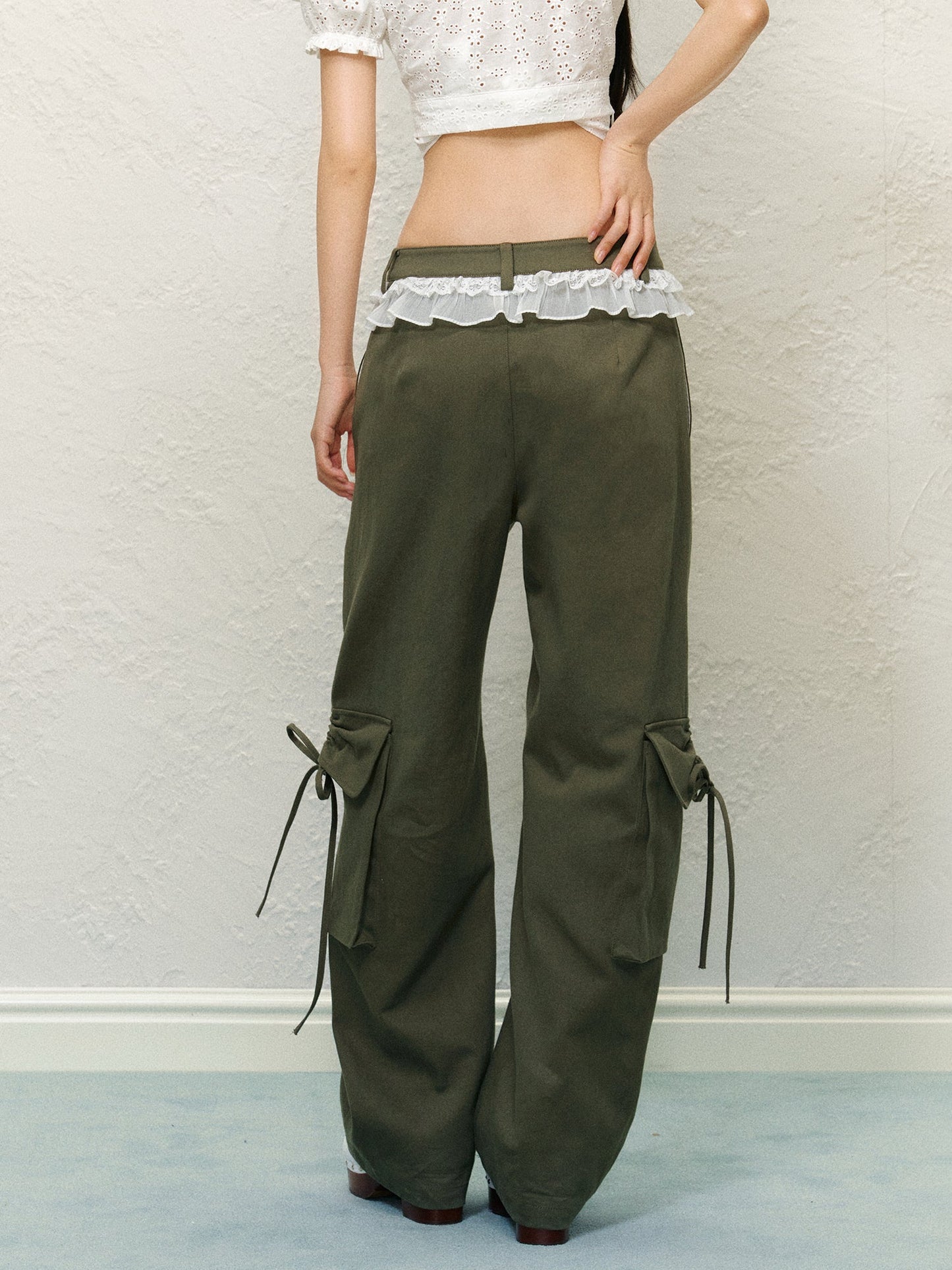 Lace Trim Pocket Bow Trouser Pants