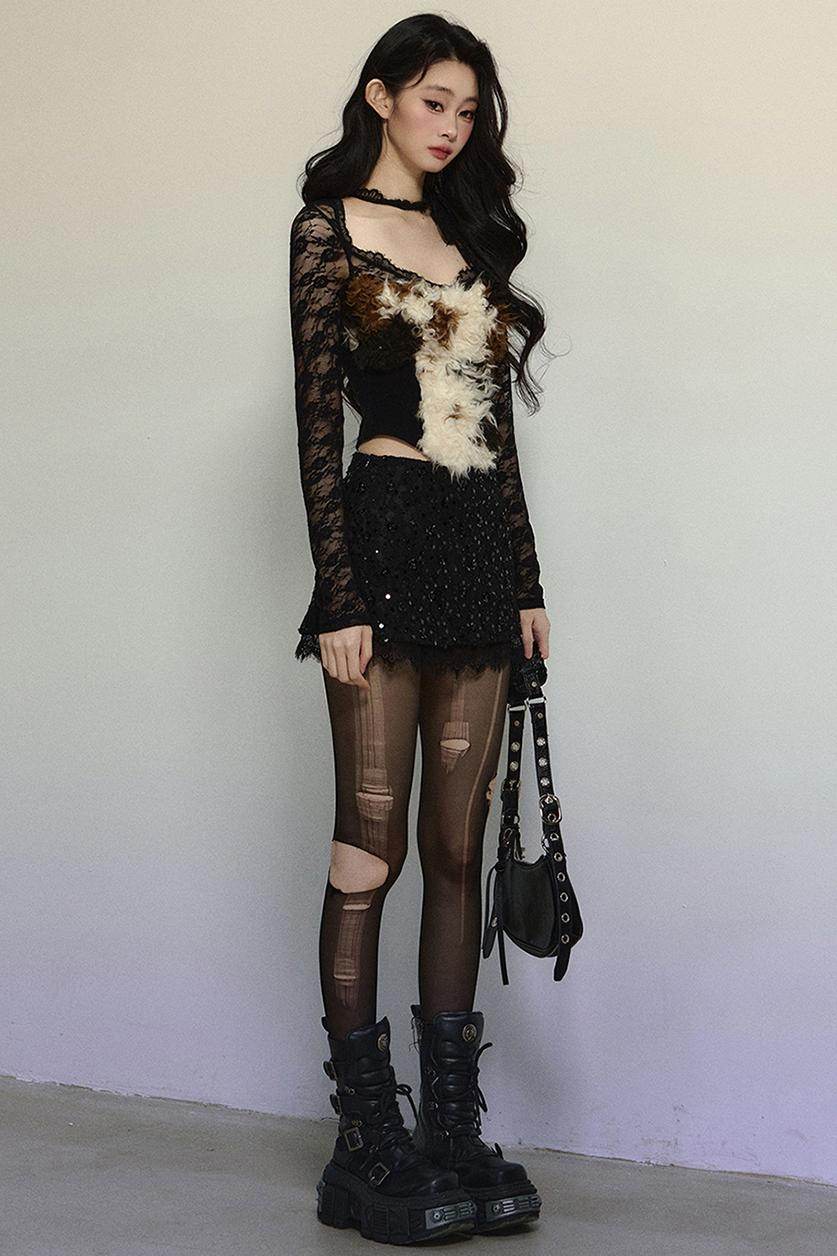 Lace Cut-Out Plush Knit Top - My Store