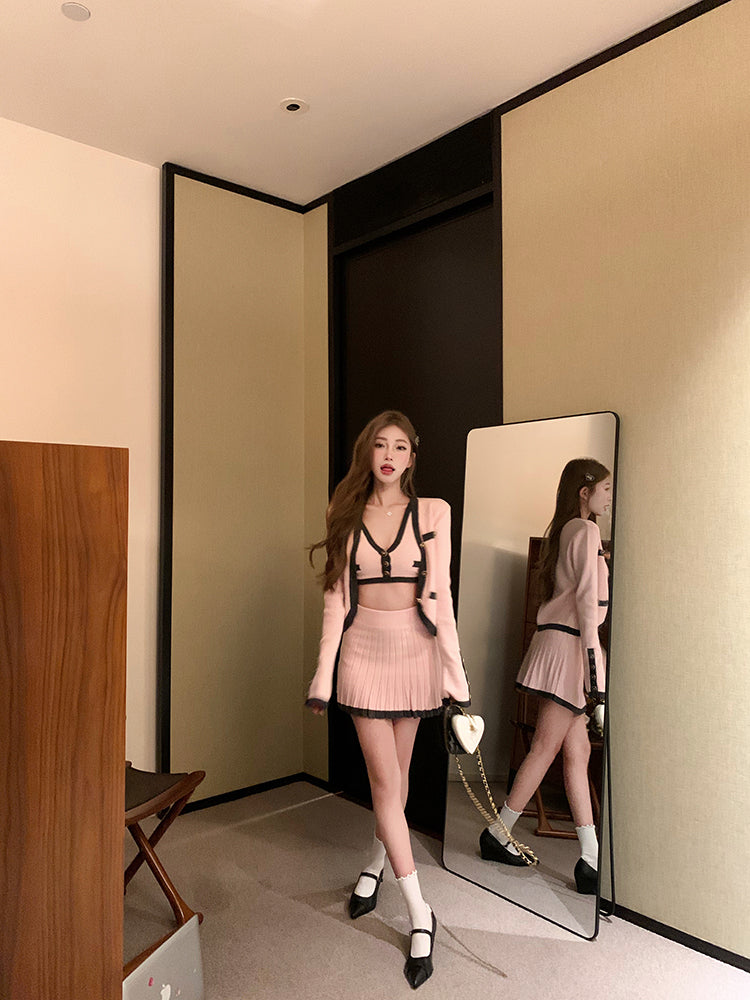 3 Piece Top Cardigan & Skirt Set