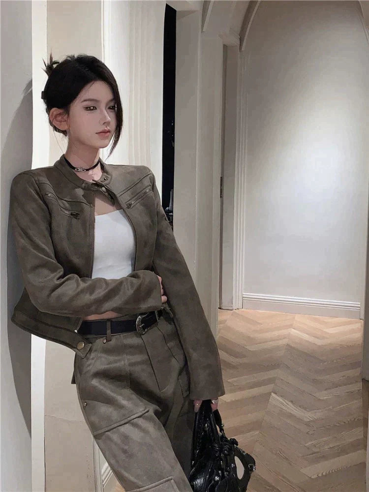 Brown Faux Leather Jacket & Pants Set