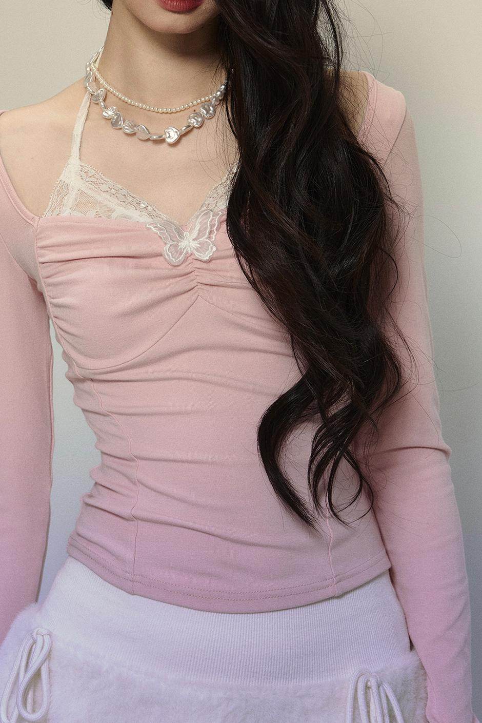 Butterfly Embroidery Long-Sleeve V-Neck T-Shirt - My Store