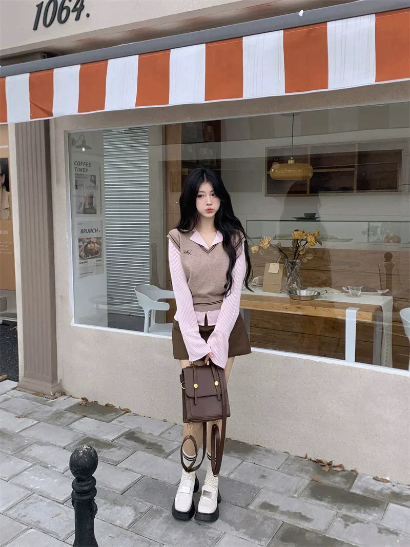 Pink Brown Vest Top & Skirt Set