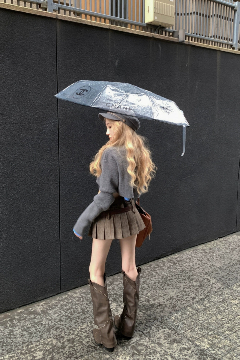 Blue Gray Sweater & Double Belt Skirt Set