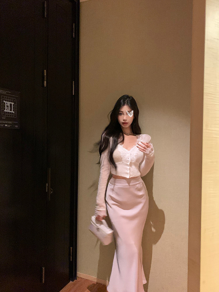 Lace Cardigan & Pink Skirt Set