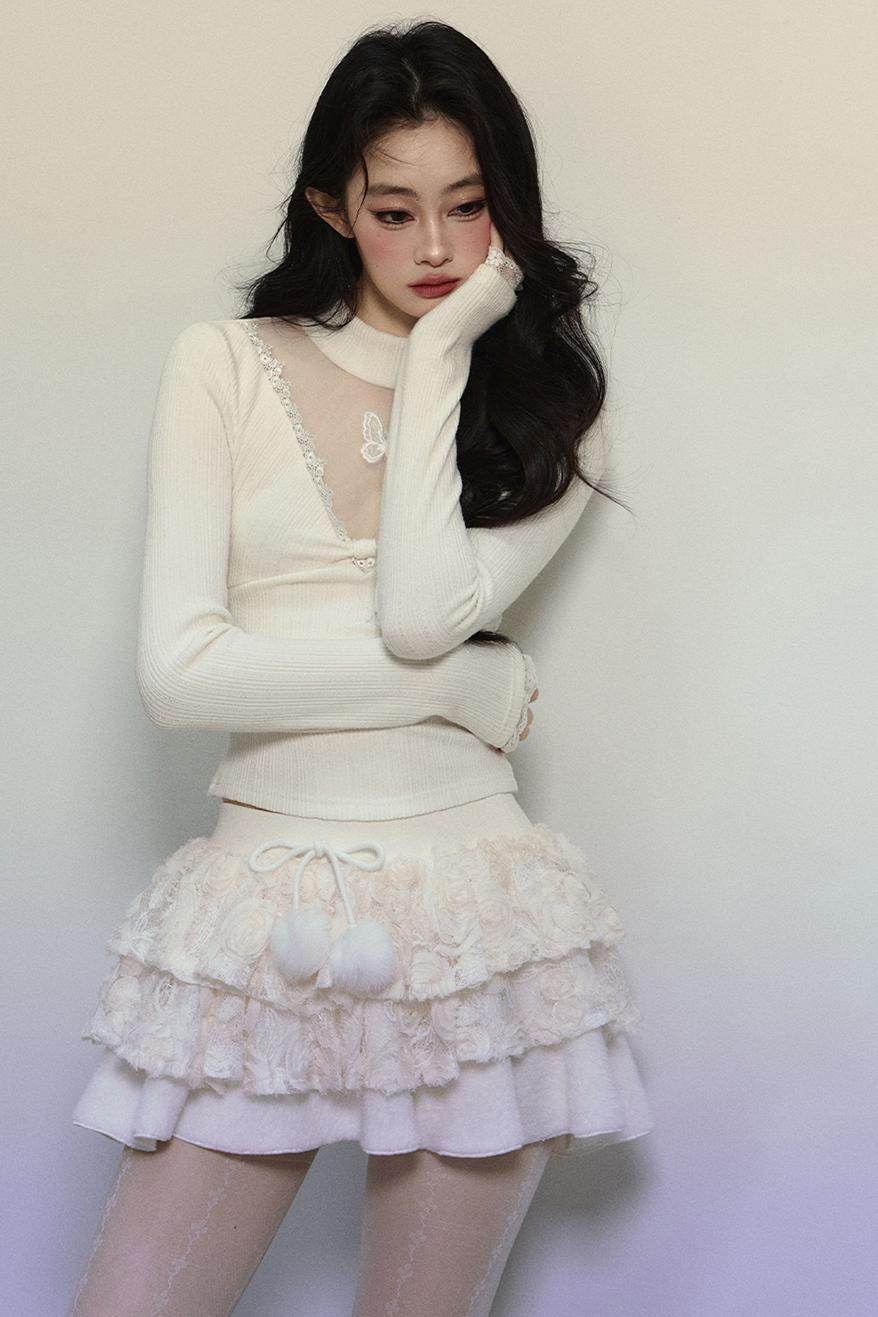 Lace V-Neck Knit Top - My Store