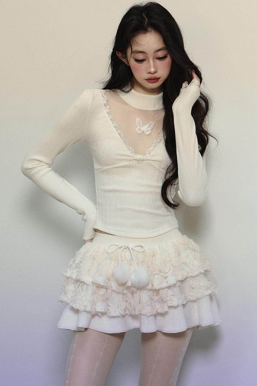 Lace V-Neck Knit Top - My Store
