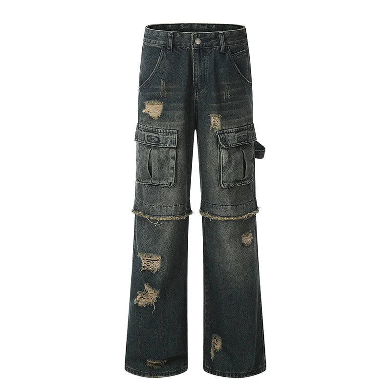 Damage Multi Pocket Straight Leg Denim Jeans
