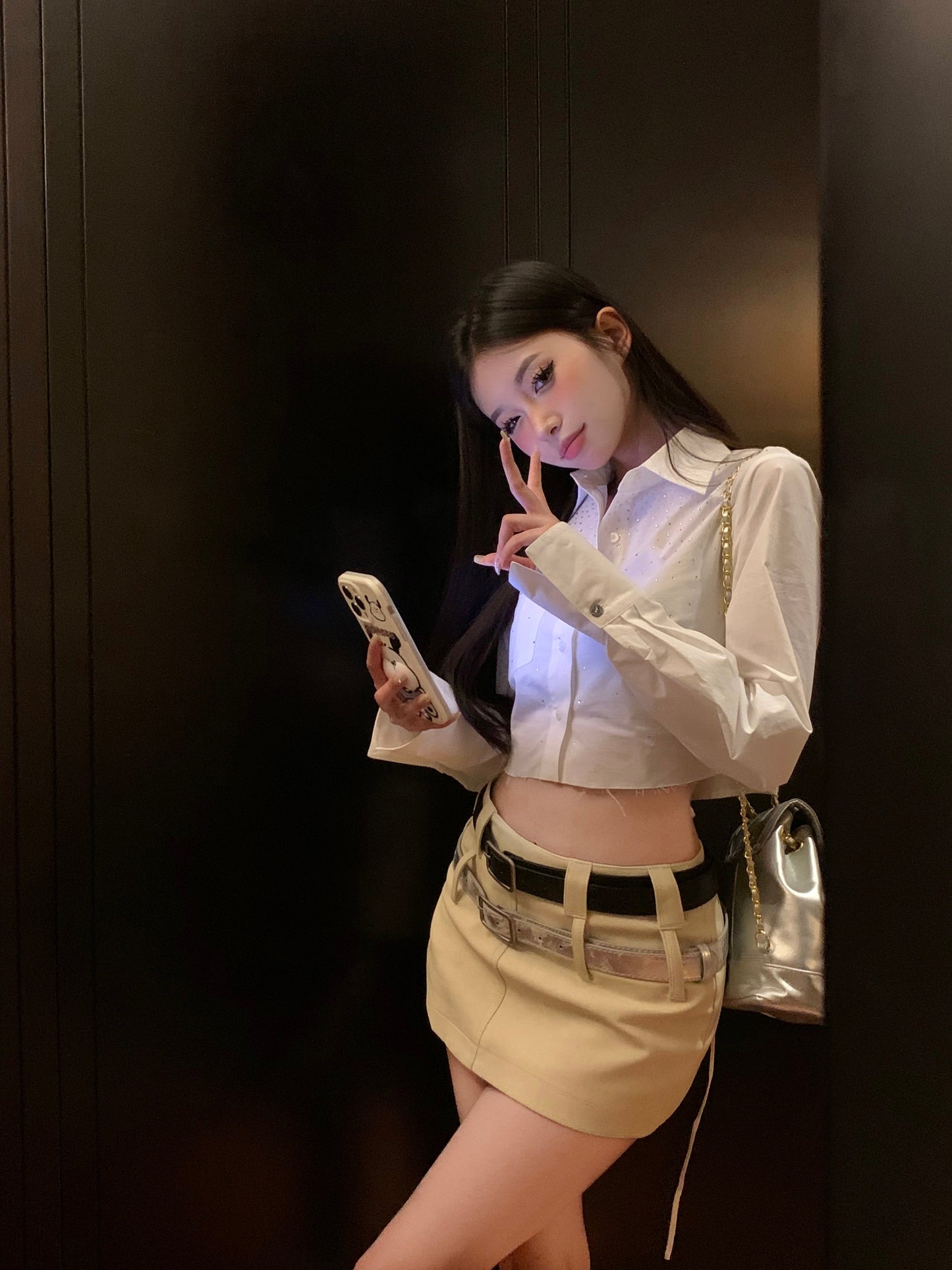 White Blouse Top & Double Belt Skirt