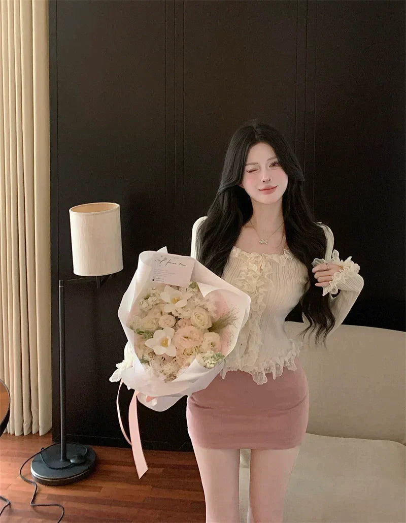 Cardigan Ruffle Top & Pink Skirt Set