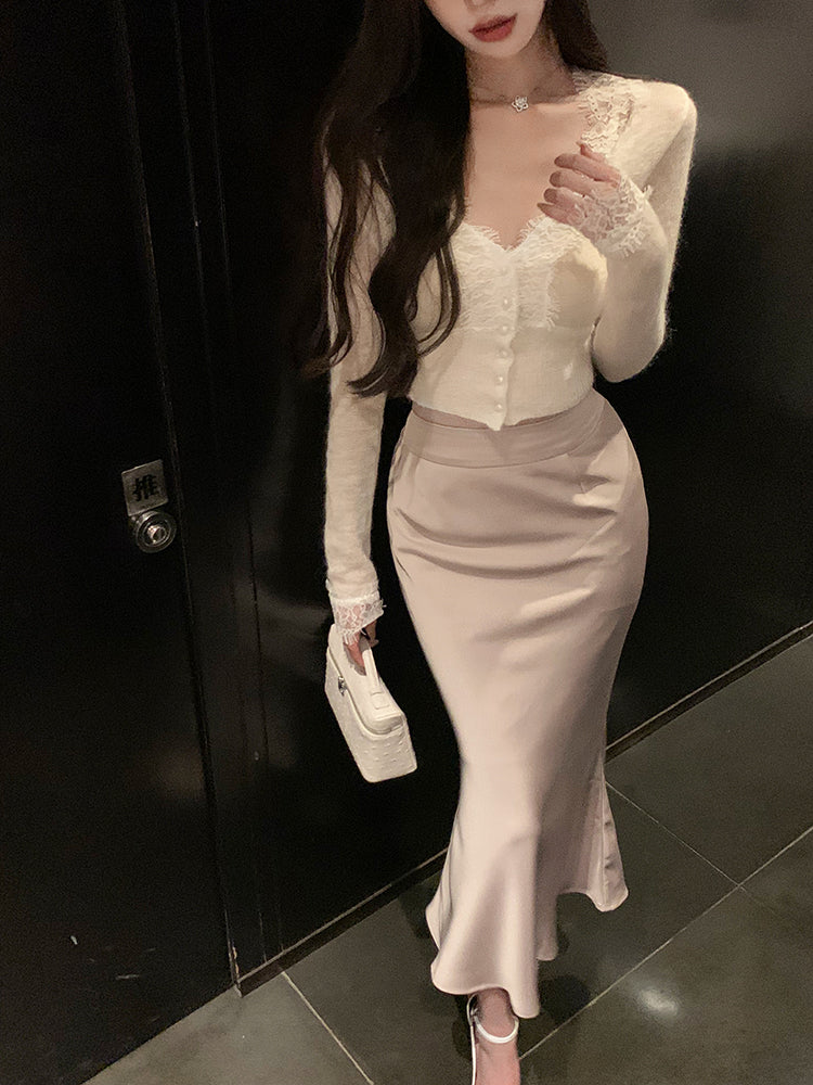 Lace Cardigan & Pink Skirt Set