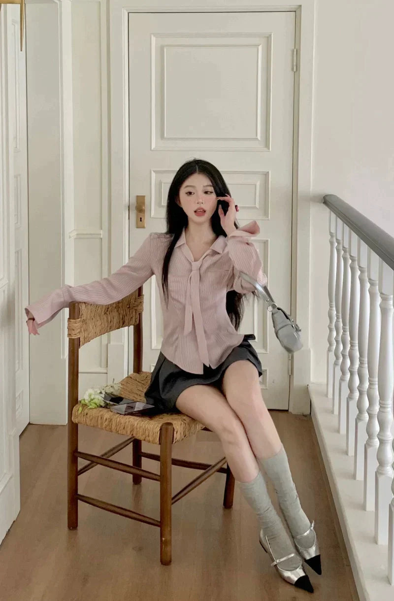 Pink Top & Grey Skirt Set