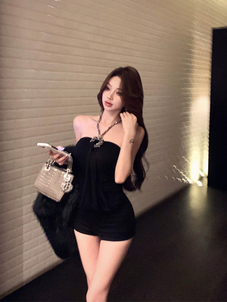 Black Rhinestone Halter Cami Top