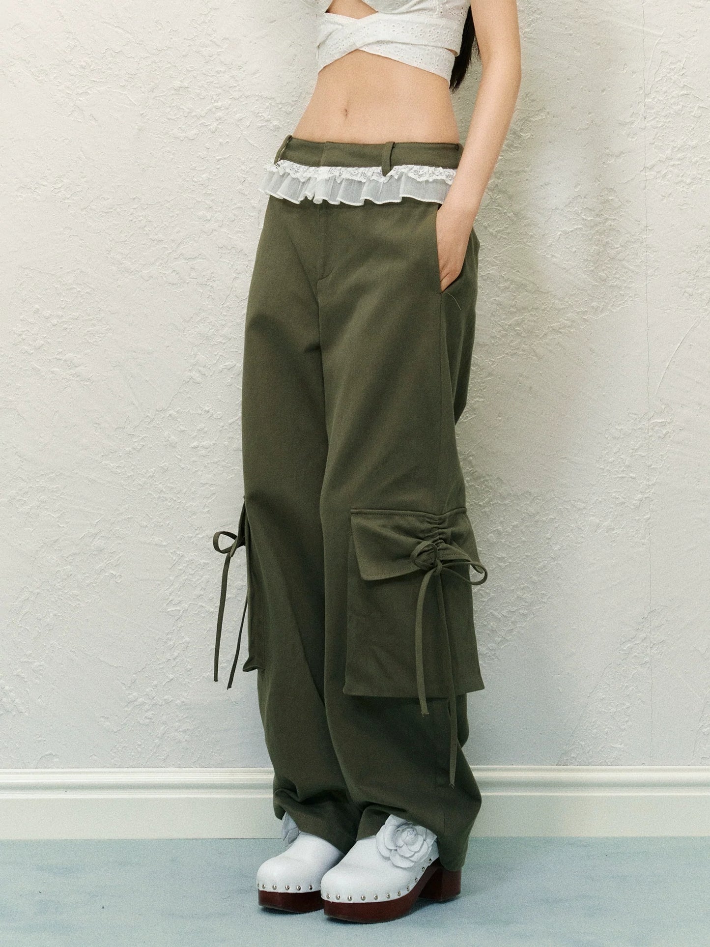 Lace Trim Pocket Bow Trouser Pants