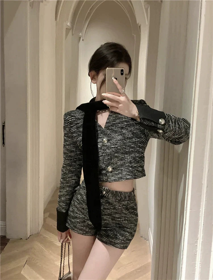 Button Tweed Jacket & Shorts Set