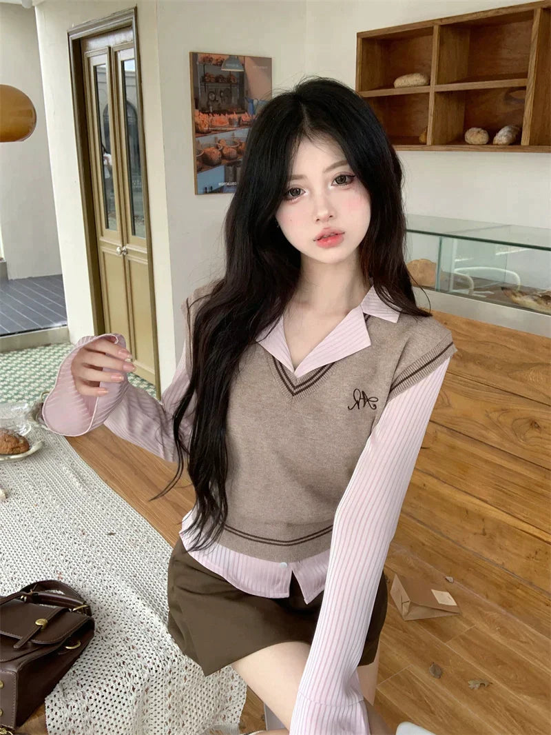Pink Brown Vest Top & Skirt Set
