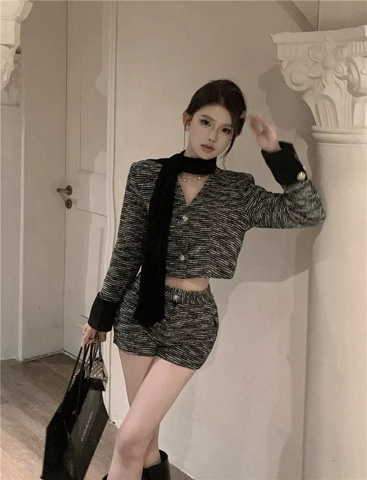 Button Tweed Jacket & Shorts Set
