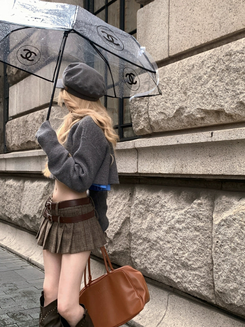 Blue Gray Sweater & Double Belt Skirt Set