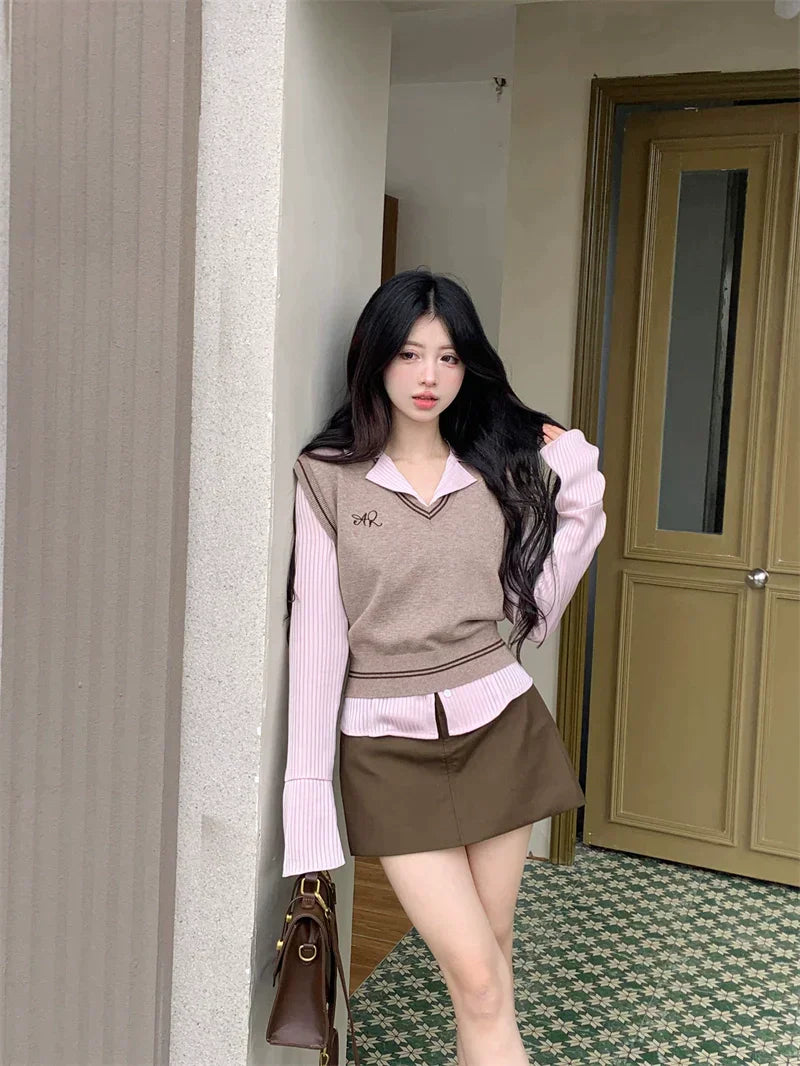 Pink Brown Vest Top & Skirt Set