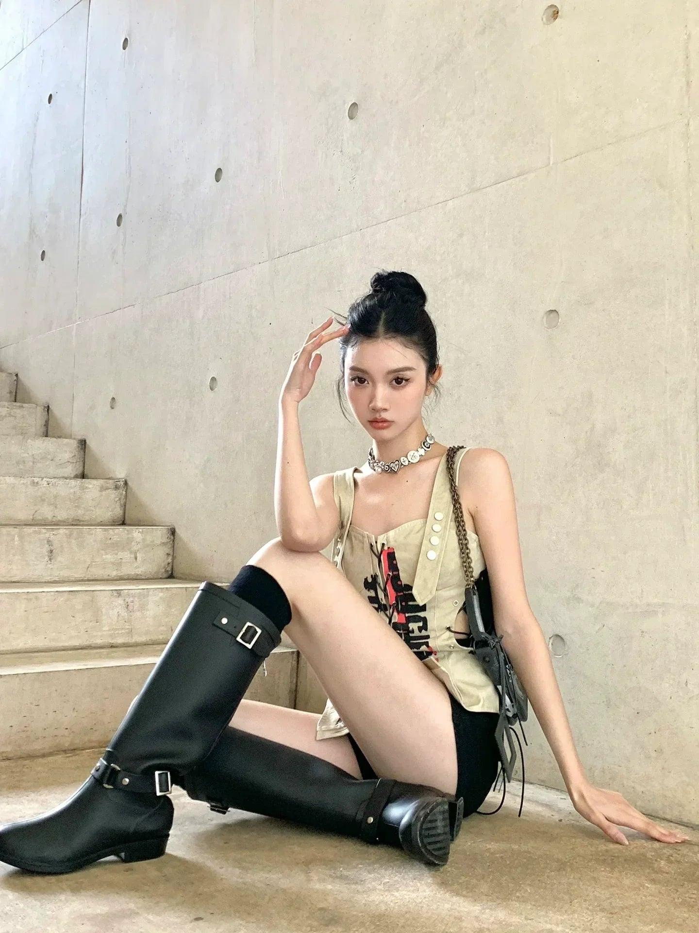 Graphic Print Lace Up Top